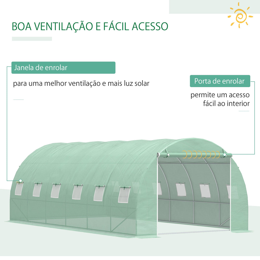 Estufa Tipo Túnel 600x300x200 cm com Porta 12 Janelas Estufa de Jardim para Cultivo de Plantas e Verduras com Cobertura de PE 140g/㎡ Verde