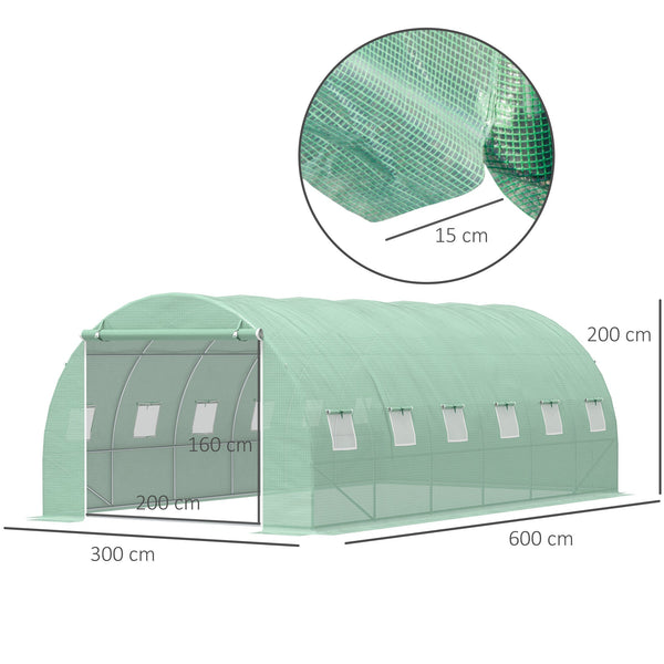 Estufa Tipo Túnel 600x300x200 cm com Porta 12 Janelas Estufa de Jardim para Cultivo de Plantas e Verduras com Cobertura de PE 140g/㎡ Verde