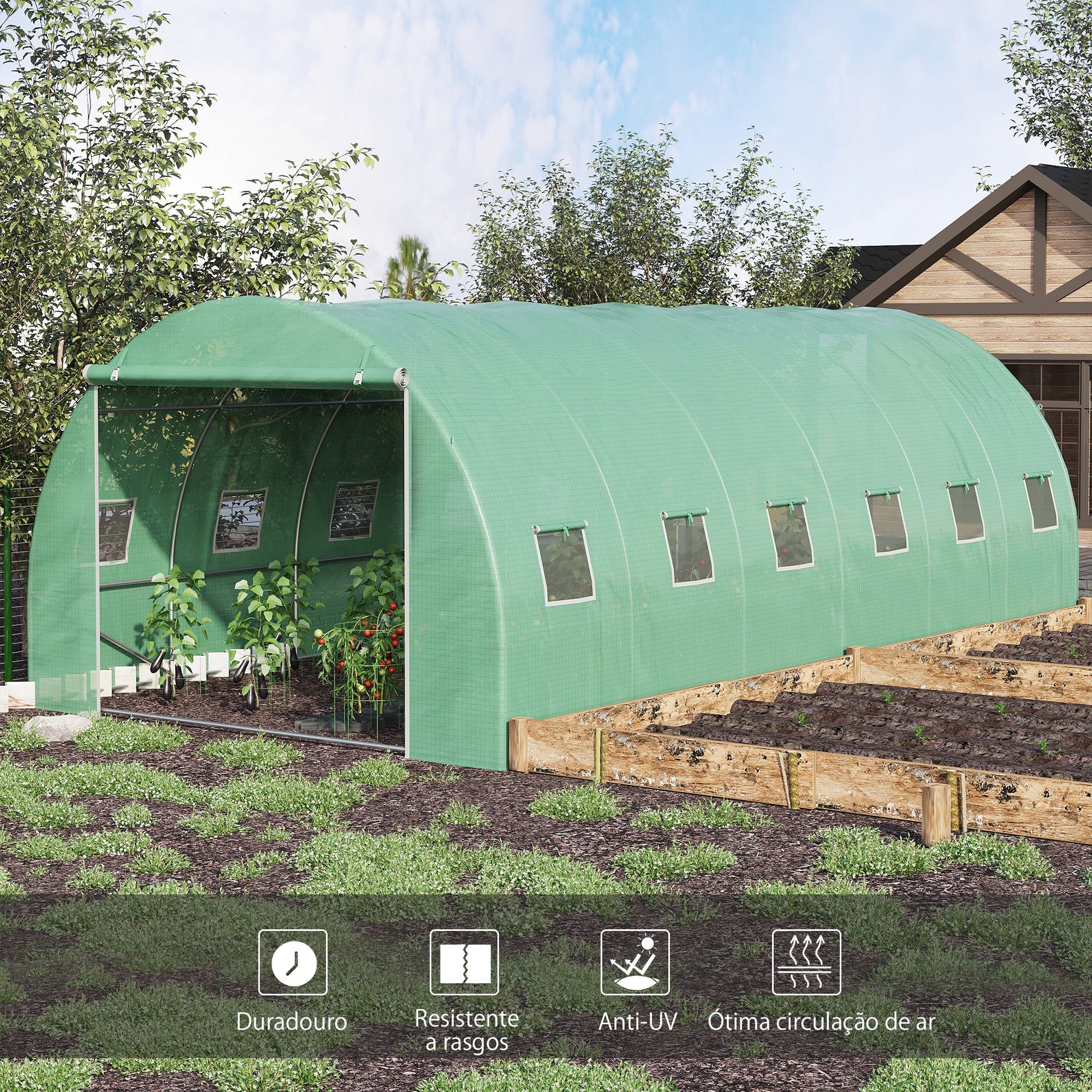 Estufa Tipo Túnel 600x300x200 cm com Porta 12 Janelas Estufa de Jardim para Cultivo de Plantas e Verduras com Cobertura de PE 140g/㎡ Verde