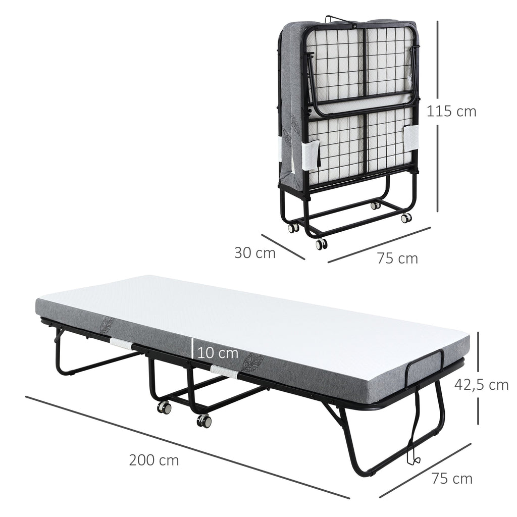 Cama Dobrável 200x75x42,5cm Cama de Campismo Portátil com Colchão Individual Rodas e Freios Carga Máxima 150kg para Dormitórios Branco
