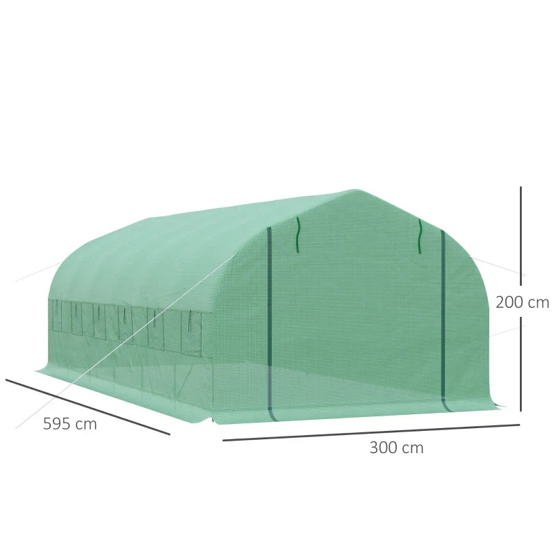 Estufa Tipo Túnel 595x300x200cm Estufa de Jardim Grande com 12 Janelas e Porta Enrolável com Zíper para Cultivo de Plantas Verde