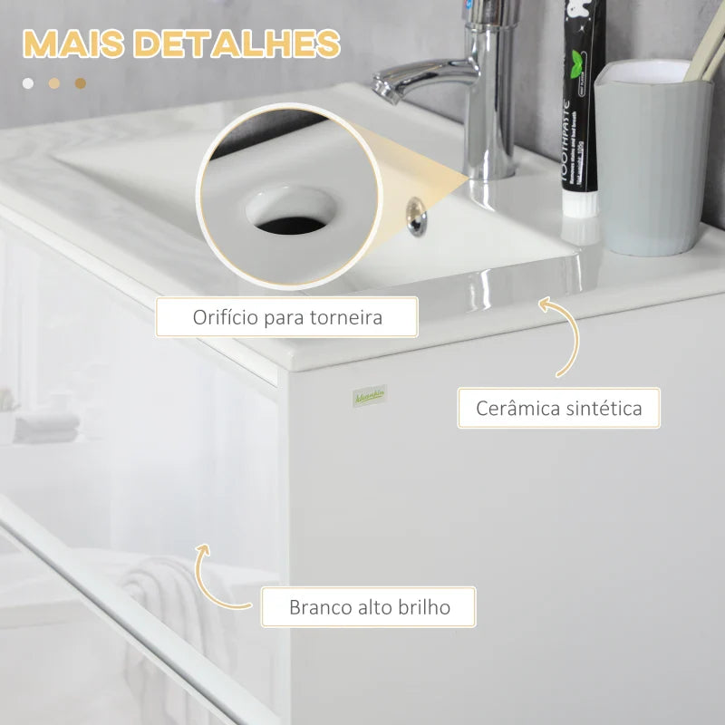 Móvel de Casa de Banho com Lavatório Armário Casa de Banho de Cerâmica Sintética com 2 Gavetas 61x37x88 cm Branco Brilhante