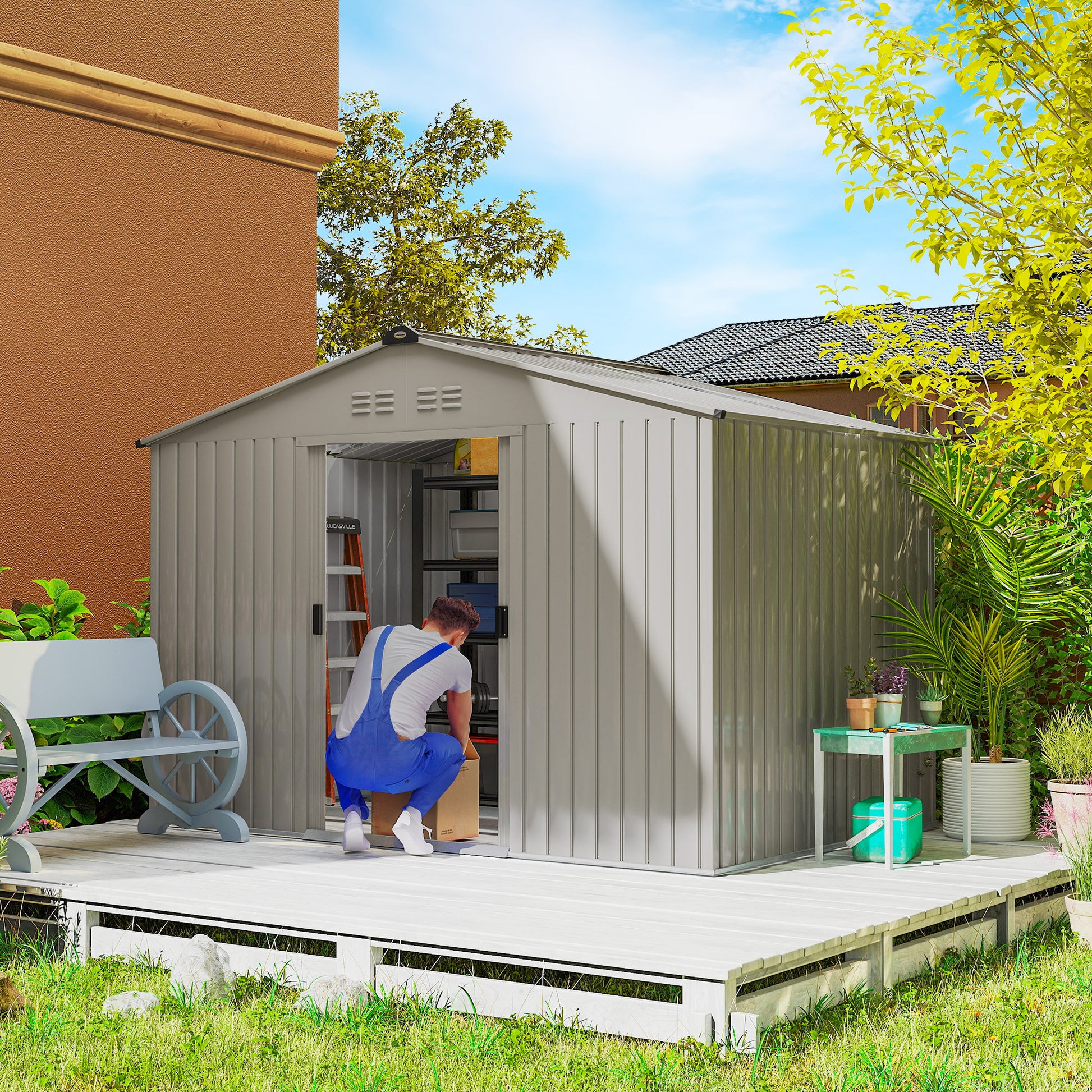 Abrigo de Jardim Exterior 4,9 m² 277x195x192cm Abrigo e Jardim Metálico para Armazenamento de Ferramentas com Base Incluída (Chão não Incluído) e 4 Janelas Verde Escuro