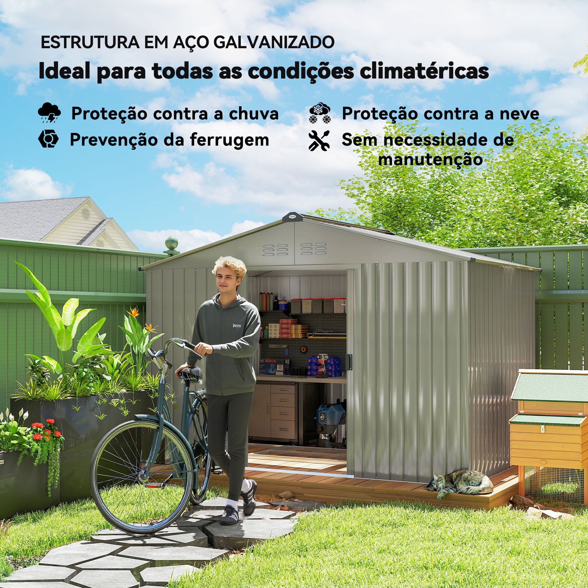 Abrigo de Jardim Exterior 4,9 m² 277x195x192cm Abrigo e Jardim Metálico para Armazenamento de Ferramentas com Base Incluída (Chão não Incluído) e 4 Janelas Verde Escuro