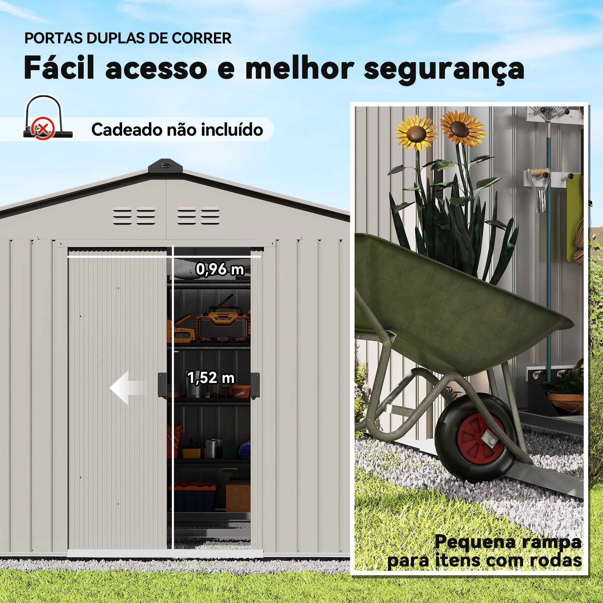 Abrigo de Jardim Exterior 4,9 m² 277x195x192cm Abrigo e Jardim Metálico para Armazenamento de Ferramentas com Base Incluída (Chão não Incluído) e 4 Janelas Verde Escuro