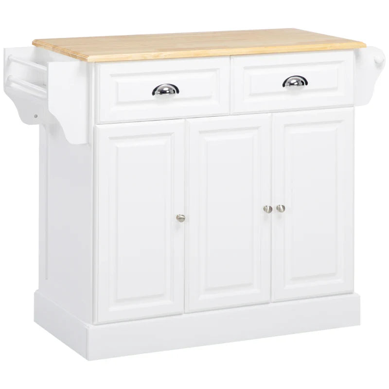 Carrinho de Cozinha Ilha de Cozinha com Rodas Móvel Multifuncional com 2 Gavetas 3 Armários Suporte para Panos e para Temperos para Sala de Jantar 110x45x89cm Branco