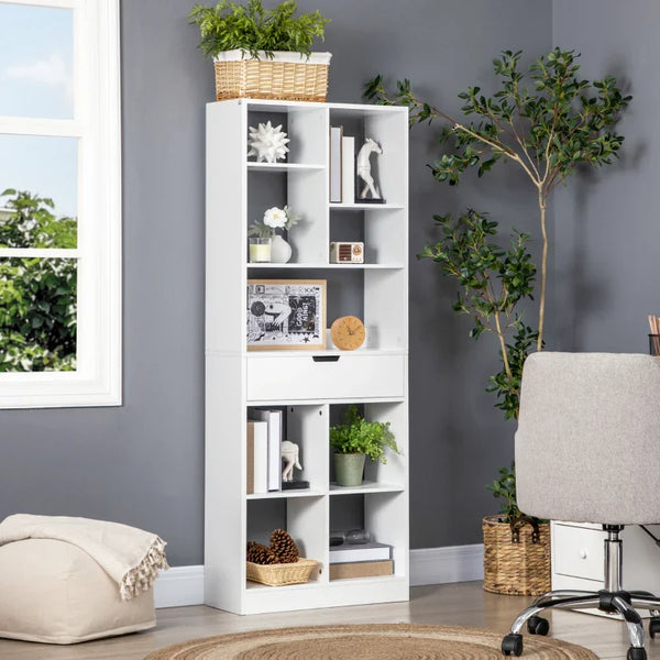 Estante de Madeira Estante para Livros com 1 Gaveta e 9 Compartimentos de Armazenamento Livraria para Sala de Estar Escritório Estúdio 60x26x158cm Branco