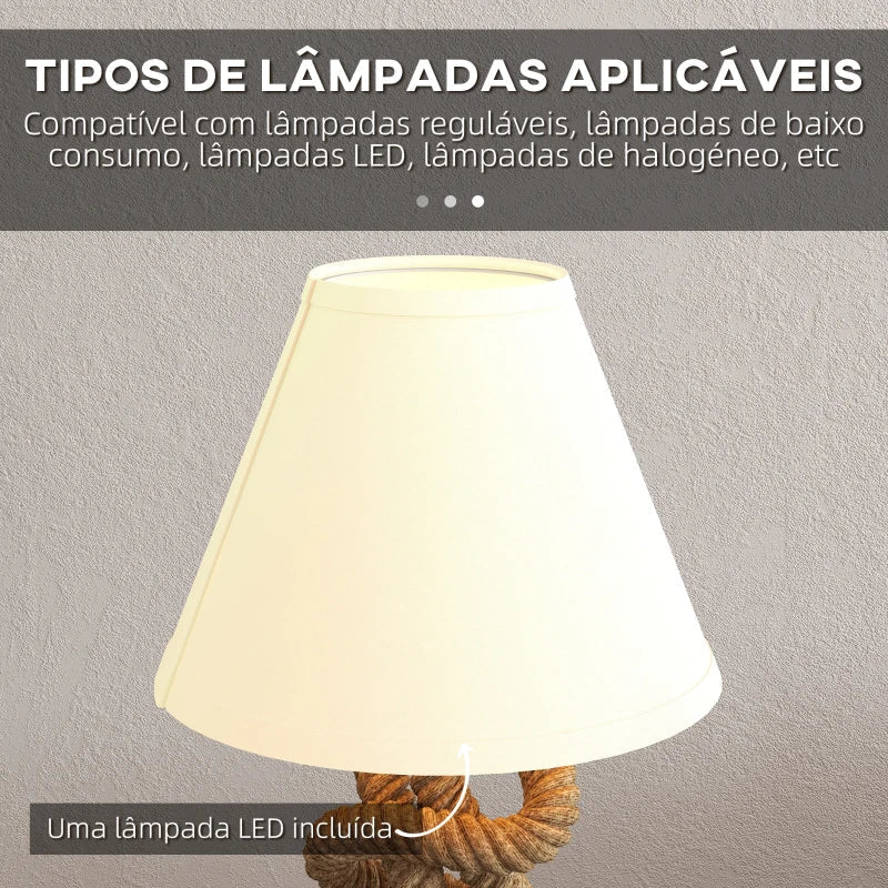 Candeeiro de Mesa LED Candeeiro de Mesa de Cabeceira com Base de Metal Corda de Linho e Ecrã de Tecido Suporte para Lâmpada E27 Máx. 40W Luzes Branco Quente para Dormitório Ø28x45,5 cm Marrom e Bege