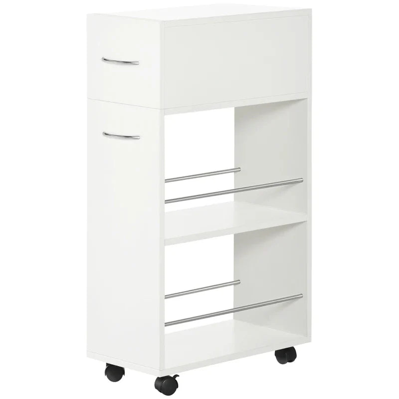 Carrinho de Cozinha com 1 Gaveta e 2 Prateleiras Abertas Carrinho de Cozinha Auxiliar cm Rodas para Sala de Jantar Casa de Banho 25x50x85cm Branco