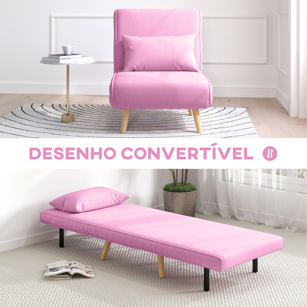 Sofá Cama Individual Sofá Cama Estofado em Linho com Encosto Ajustável em 5 Posições e Almofada Sofá Cama Pequeno para Sala de Estar 72x75x85 cm Rosa