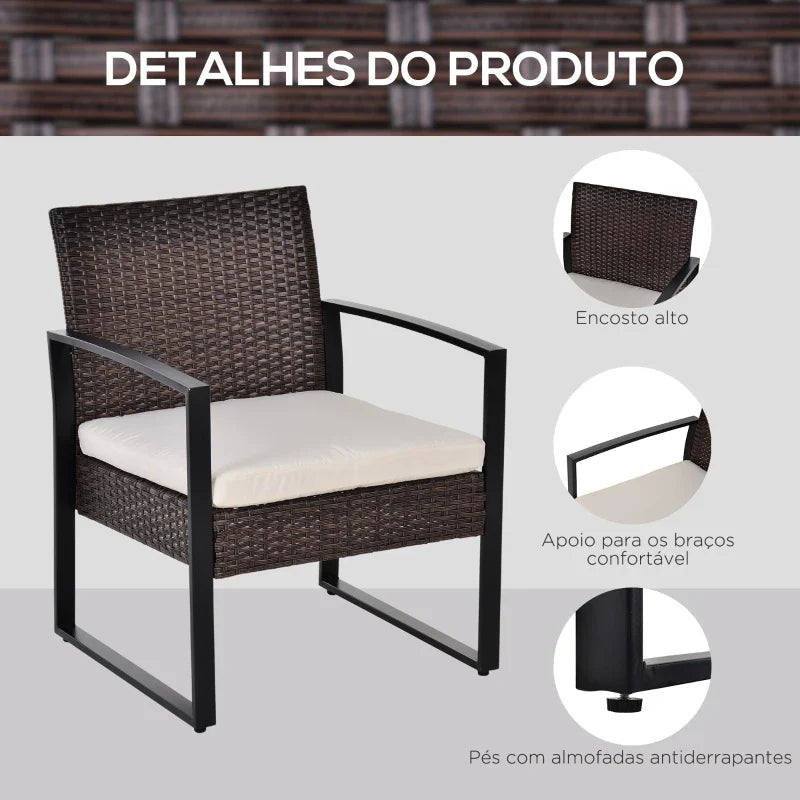 Conjunto de Móveis de Jardim de Vime 3 Peças com 1 Mesa 42,5x40x39 cm 2 Poltronas 63x57x76 cm Almofada Acolchoada para Pátio Varanda Marrom