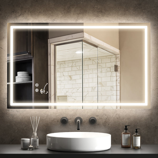 Espelho Casa de Banho com Luz LED 100x60 cm Espelho de Parede com Iluminação Anti-Embaciamento Brilho Ajustável Interruptor Tátil IP44 Montagem Horizontal ou Vertical