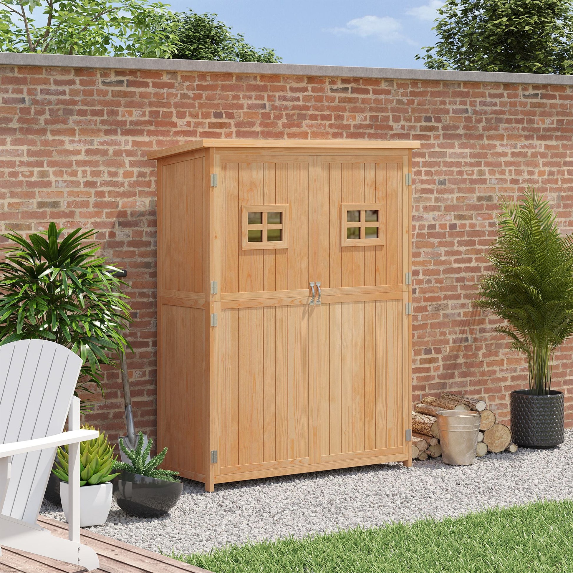 Abrigo de Jardim para Ferramentas Armário de Madeira para Exterior com Prateleira Dupla Porta Janelas e Teto Asfáltico 127,5x50x164cm Madeira