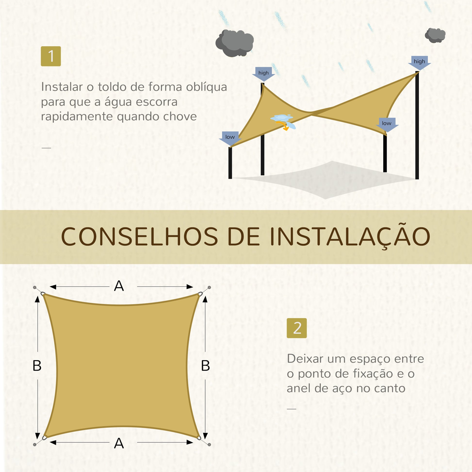 Vela de Sombra Retangular 4x6 m Toldo Vela de HDPE com Anéis de Aço Inoxidável e Cordas para Jardim Pátio Bege