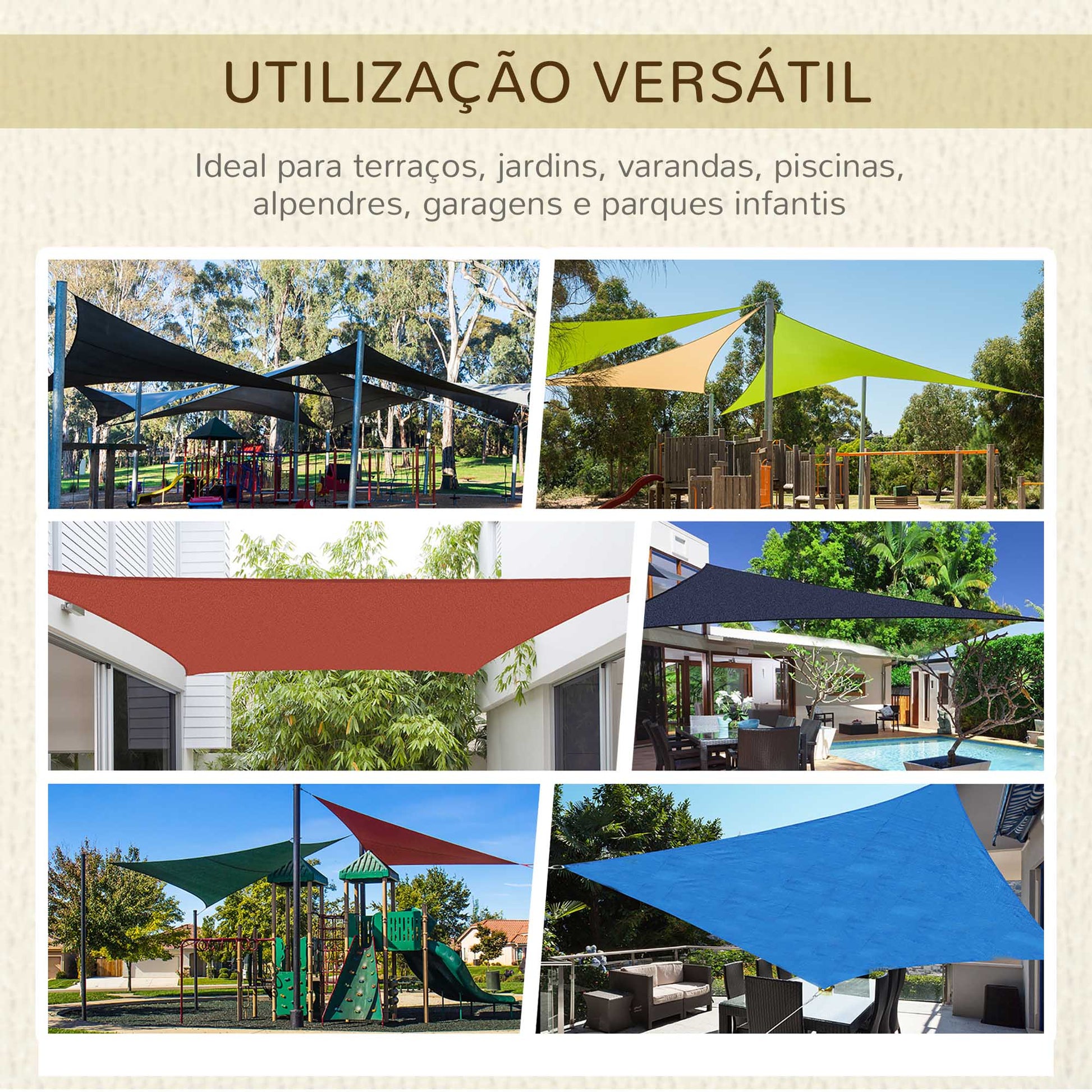Vela de Sombra Retangular 4x6 m Toldo Vela de HDPE com Anéis de Aço Inoxidável e Cordas para Jardim Pátio Bege