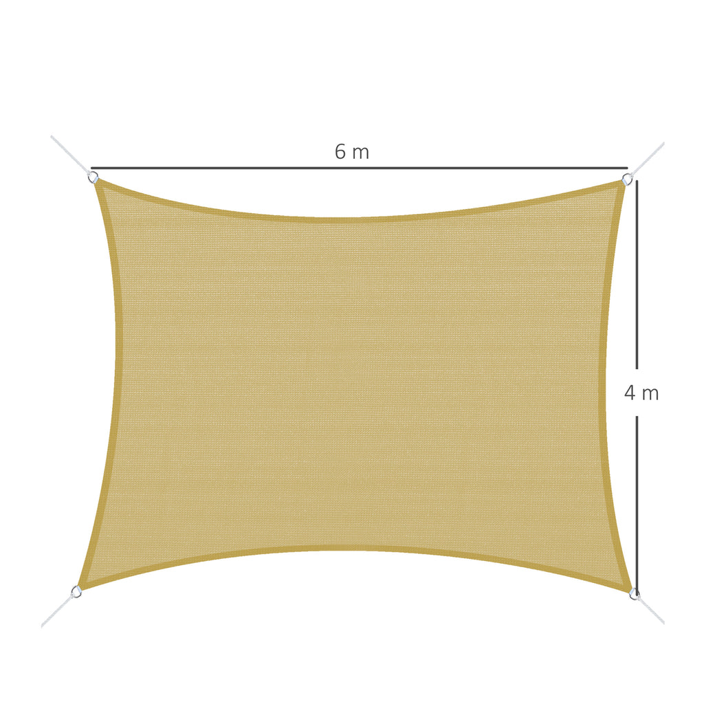 Vela de Sombra Retangular 4x6 m Toldo Vela de HDPE com Anéis de Aço Inoxidável e Cordas para Jardim Pátio Bege