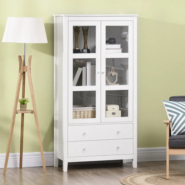 Vitrine de Sala de Estar Estante Escritório com 2 Portas de Vidro Temperado 3 Prateleiras 2 Gavetas e Dobradiças com Fechamento Suave para Sala de Jantar Escritório 80x40x160 cm Branco