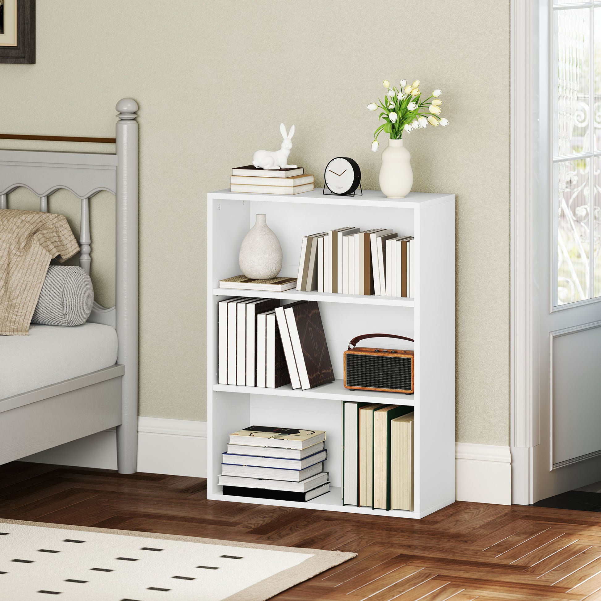 Estante de 3 Níveis Estante para Livros com 2 Prateleiras Ajustáveis para Sala de Estar Escritório Quarto 60x24x80 cm Branco