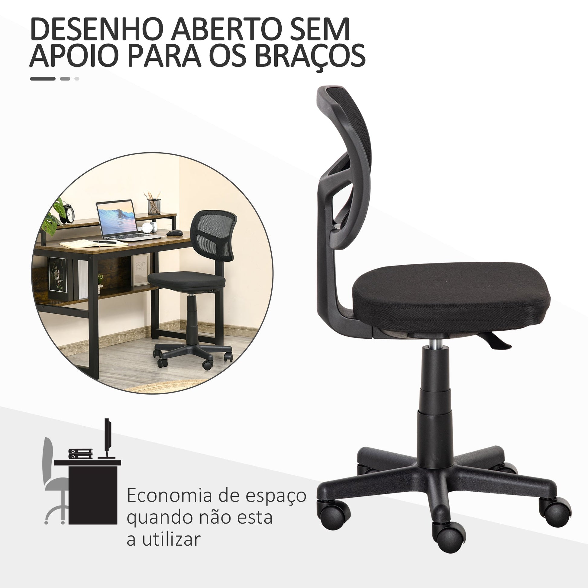 Cadeira de Escritório Operativa de Malha Cadeira de Escritório Giratória 360° com Altura Ajustável Suporte Lombar Respirável e Rodas 43x48x77,5-89,5cm Preto