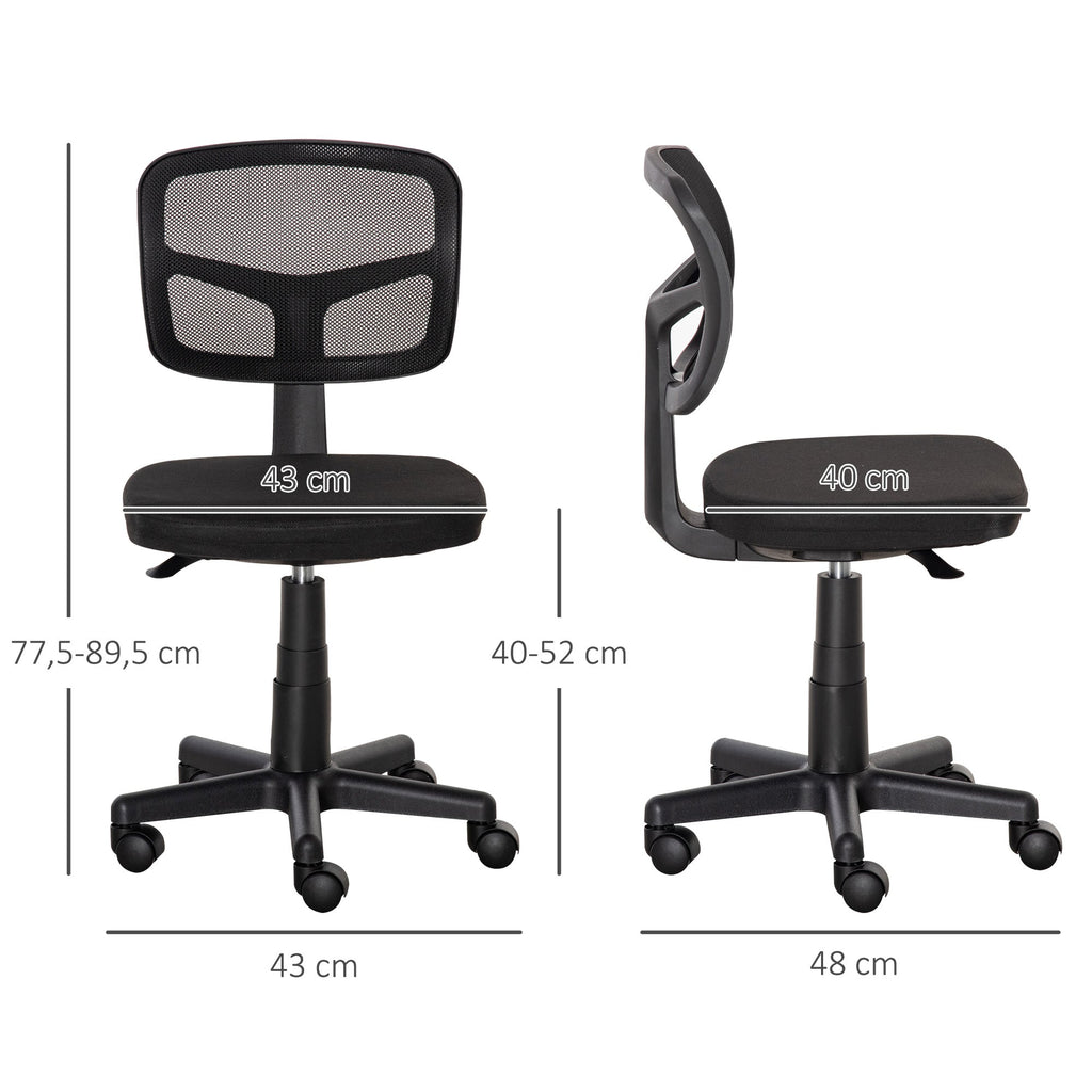 Cadeira de Escritório Operativa de Malha Cadeira de Escritório Giratória 360° com Altura Ajustável Suporte Lombar Respirável e Rodas 43x48x77,5-89,5cm Preto