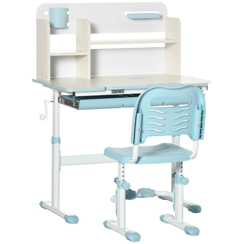 Conjunto de Secretária e Cadeira para Crianças acima de 3 Anos com Altura Ajustável Secretária Infantil com Bancada Inclinável Gaveta e Prateleira para Livros 80x52x88x109cm e 35,5x44,5x66-80cm Azul