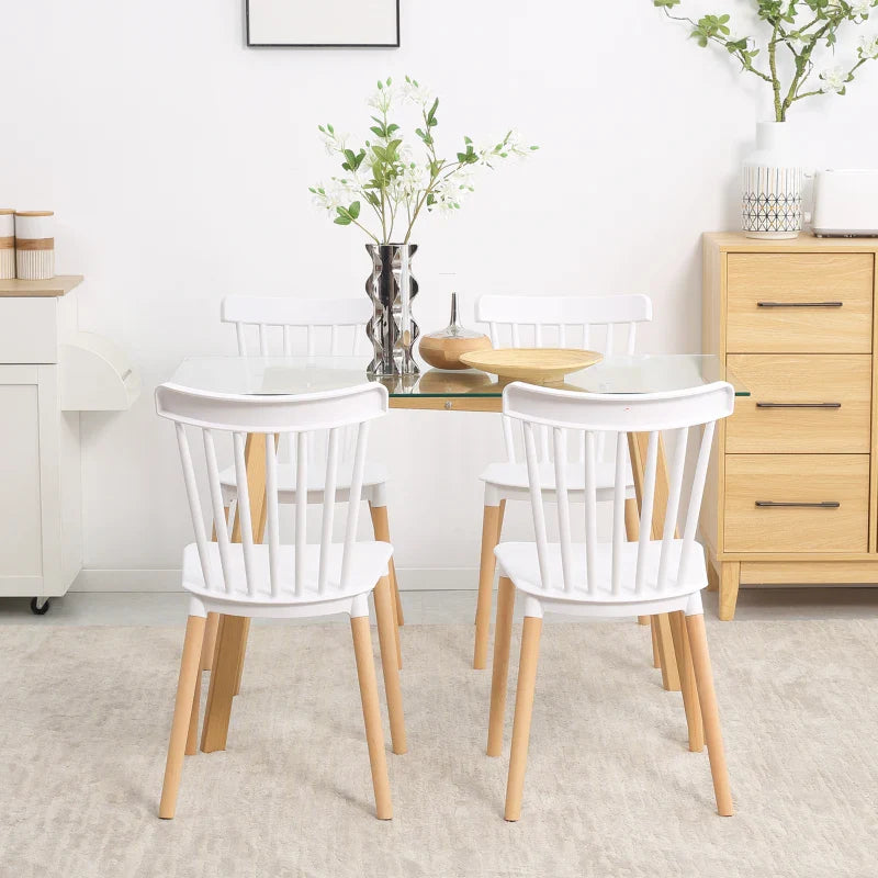 Conjunto de 4 Cadeiras Estilo Nórdico Cadeiras de Cozinha com Encosto Alto Assento de Polipropileno e Pés de Madeira de Faia Carga Máx. 120kg 48x52,5x83cm Branco e Madeira