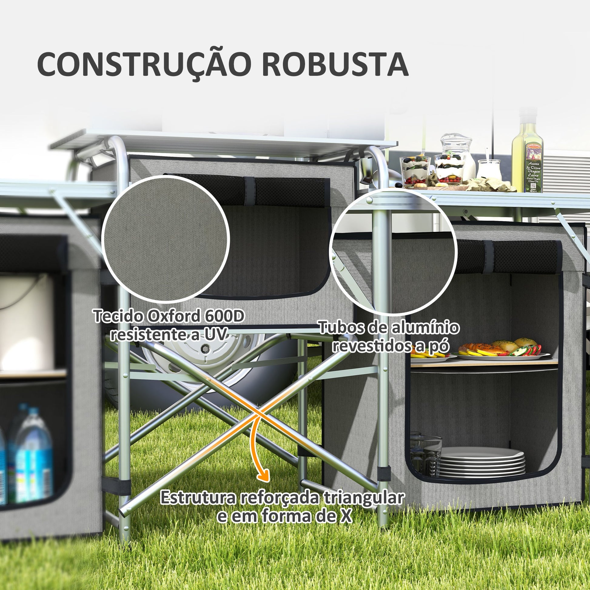 Móvel de Cozinha para Campismo Armário para Campismo Dobrável com 3 Tampos 3 Armários Suporte de Luz 4 Ganchos e Bolsa de Transporte para Campismo Piquenique 172x48x119 cm Cinza