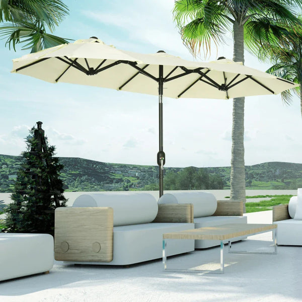 Chapéu de Sol Duplo 285x147x227cm Chapéu de Sol de Jardim com Inclinação de 45° Manivela Estrutura de Aço para Pátio Varanda Piscina Bege