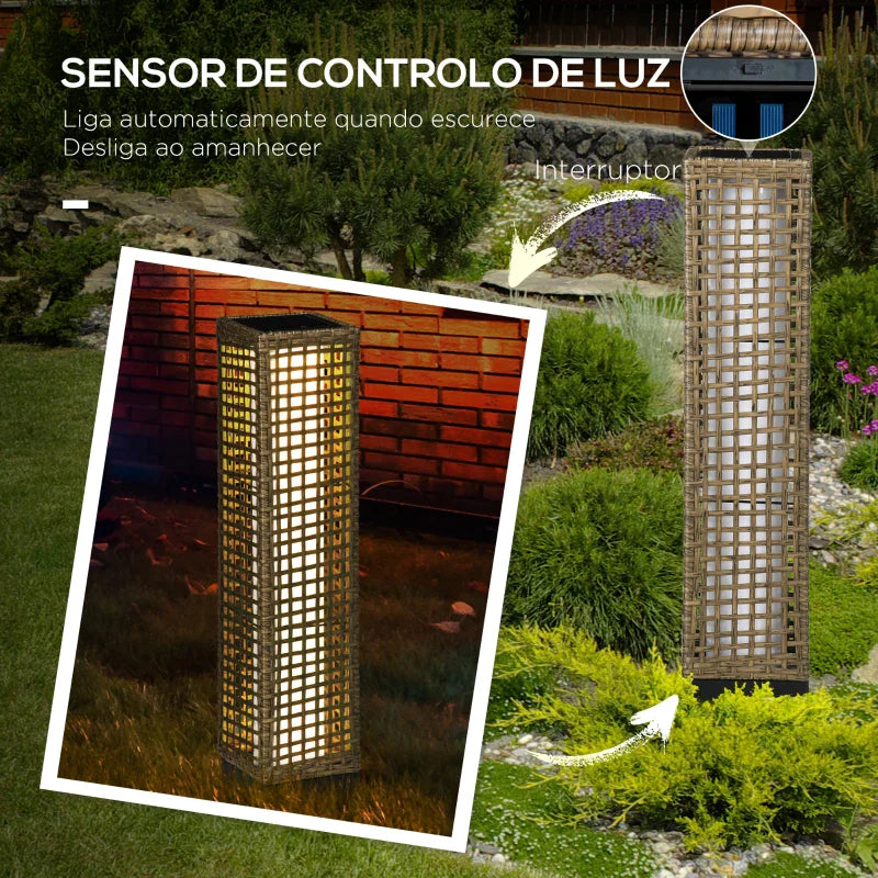 Candeeiro de Jardim de Vime Sintético Candeeiro Solar de Exterior com Luzes LED Ligar/Desligar Automático para Varanda Pátio 15,5x15,5x69cm Marrom Areia