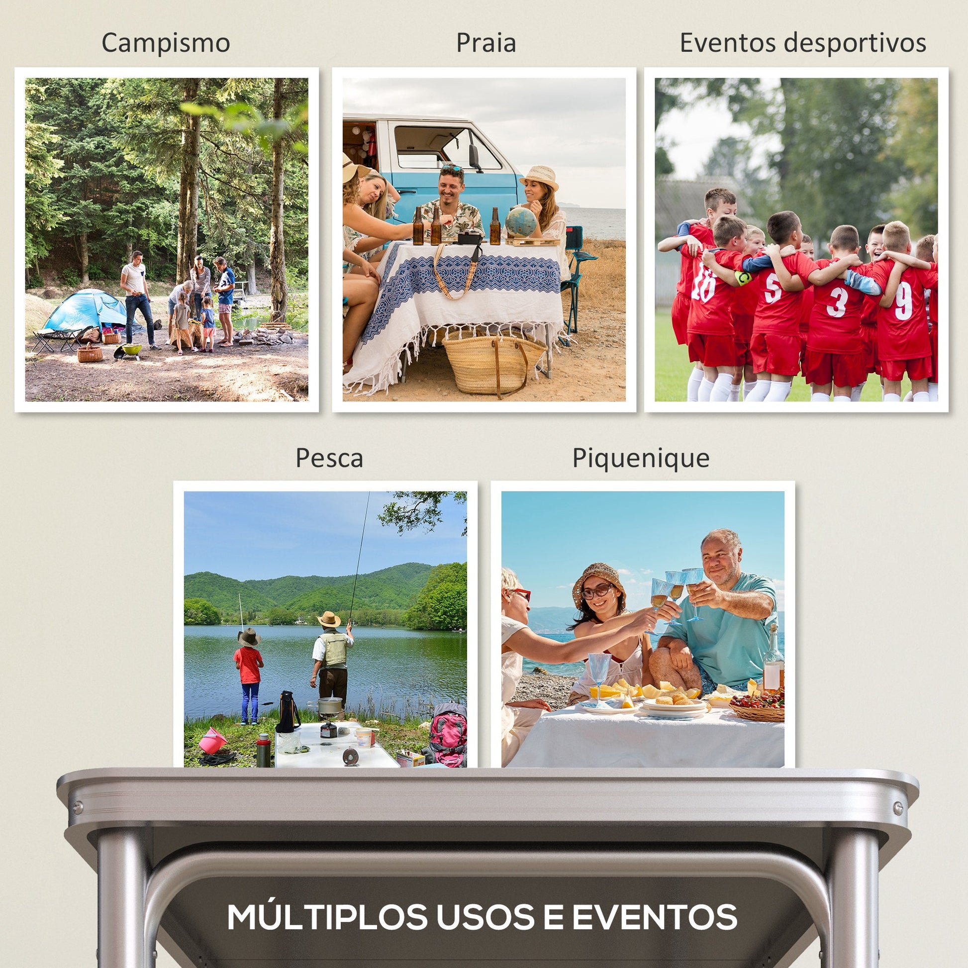 Mesa de Exterior Portátil Mesa de Piquenique Dobrável com Altura Ajustável em 3 Níveis e Pés de Alumínio para Jardim Campismo 240x60x54-70 cm Preto e Prata