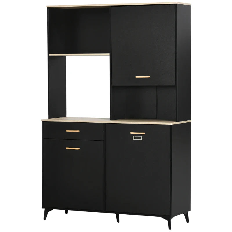Armário de Cozinha Aparador de Sala de Jantar com 1 Gaveta 3 Portas e Armazenamento Aberto Móvel Auxiliar para Microondas de Estilo Moderno 119x41x180cm Preto