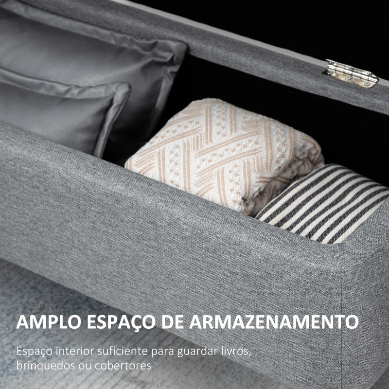 Banco de Armazenamento Estofado em Linho com Tampa Abatível e Pés de Aço para Dormitório Sala de Estar Entrada Carga Máxima 150kg 101x38,5x44,5 cm Cinza