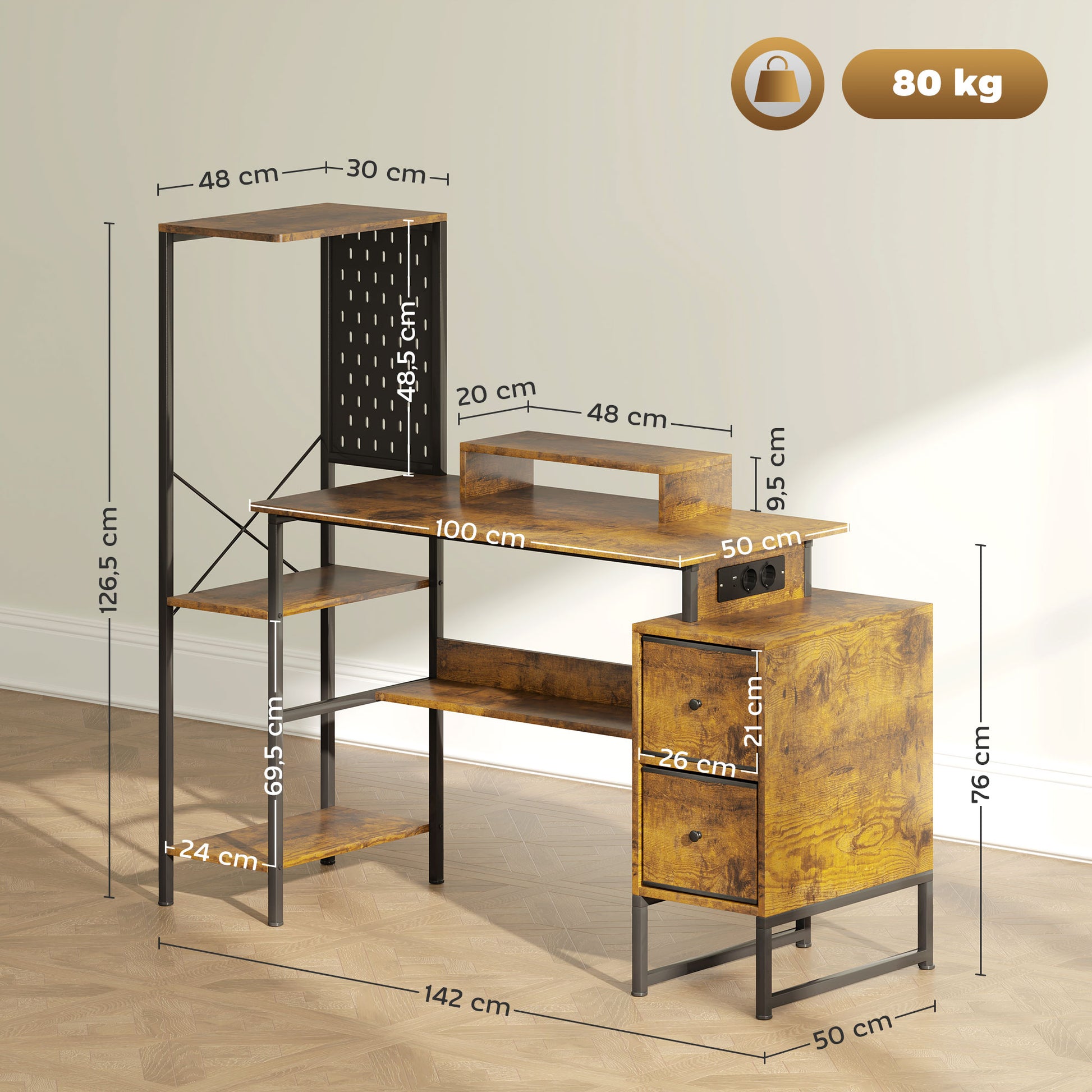Secretária Estilo Industrial Secretária com Luzes LED Estação de Carga Suporte para Monitor Controlo Remoto e Painel Perfurado para Escritório Estúdio 142x50x126,5 cm Castanho Rústico