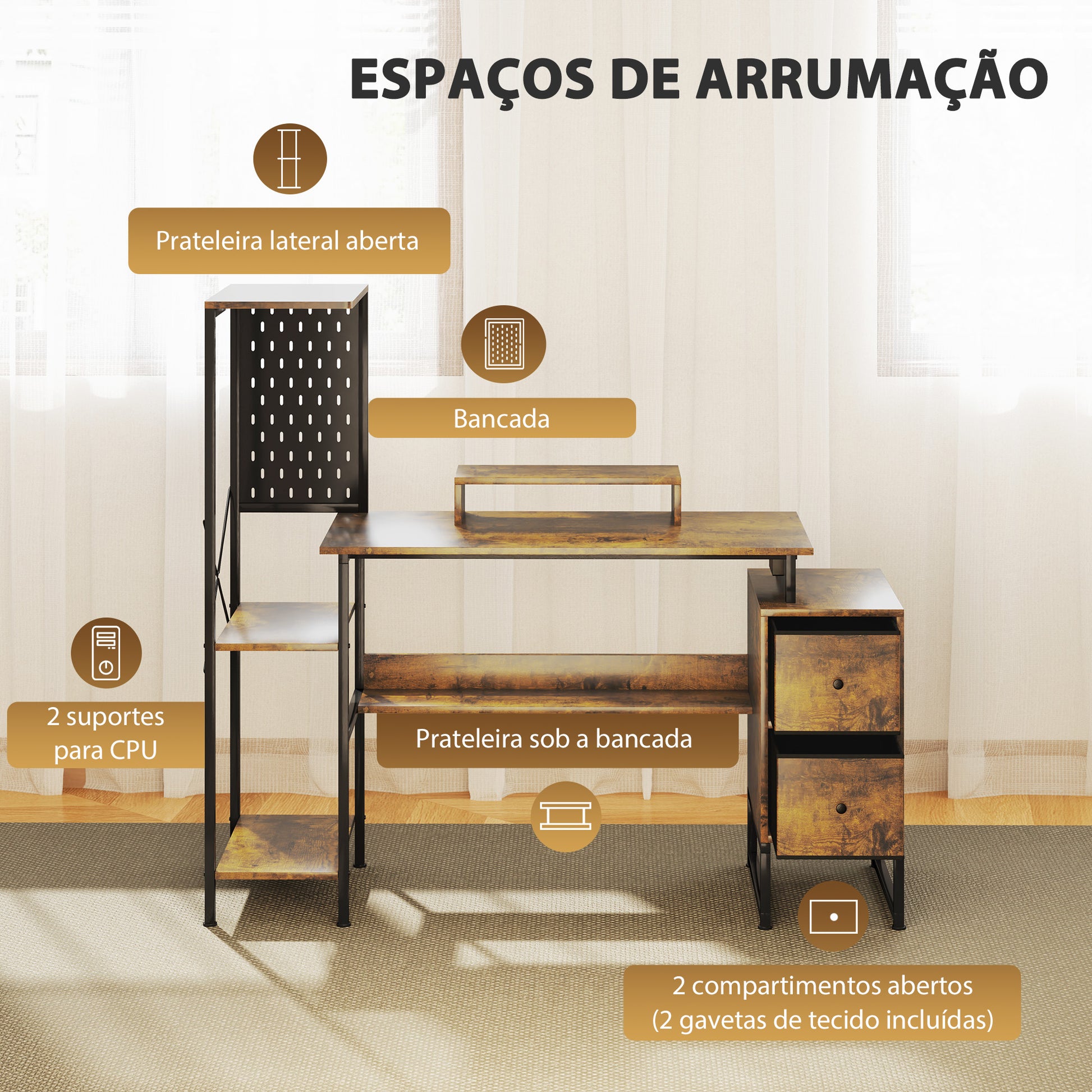 Secretária Estilo Industrial Secretária com Luzes LED Estação de Carga Suporte para Monitor Controlo Remoto e Painel Perfurado para Escritório Estúdio 142x50x126,5 cm Castanho Rústico