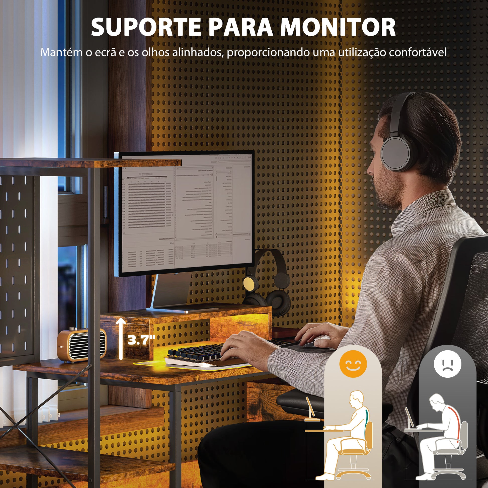 Secretária Estilo Industrial Secretária com Luzes LED Estação de Carga Suporte para Monitor Controlo Remoto e Painel Perfurado para Escritório Estúdio 142x50x126,5 cm Castanho Rústico