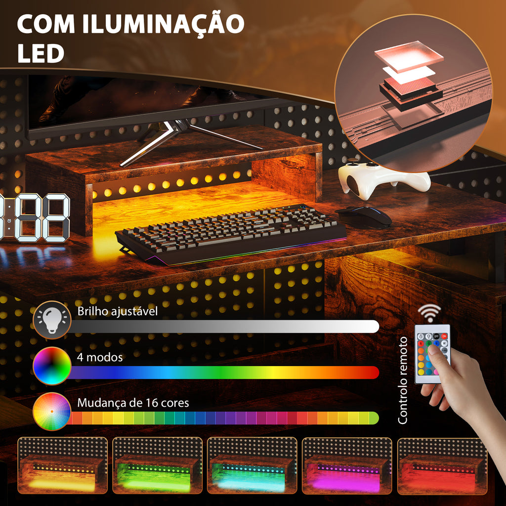 Secretária Estilo Industrial Secretária com Luzes LED Estação de Carga Suporte para Monitor Controlo Remoto e Painel Perfurado para Escritório Estúdio 142x50x126,5 cm Castanho Rústico