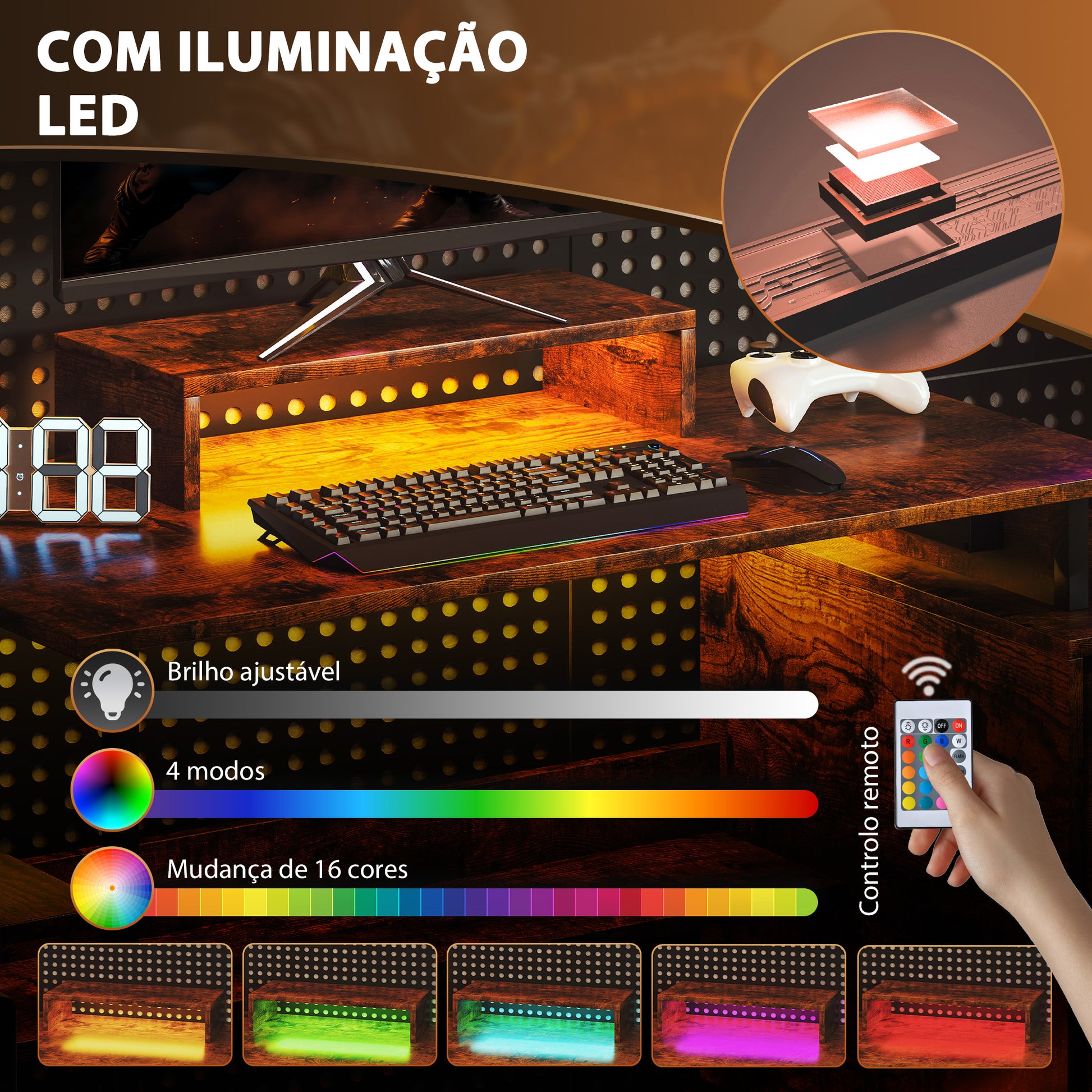 Secretária Estilo Industrial Secretária com Luzes LED Estação de Carga Suporte para Monitor Controlo Remoto e Painel Perfurado para Escritório Estúdio 142x50x126,5 cm Castanho Rústico