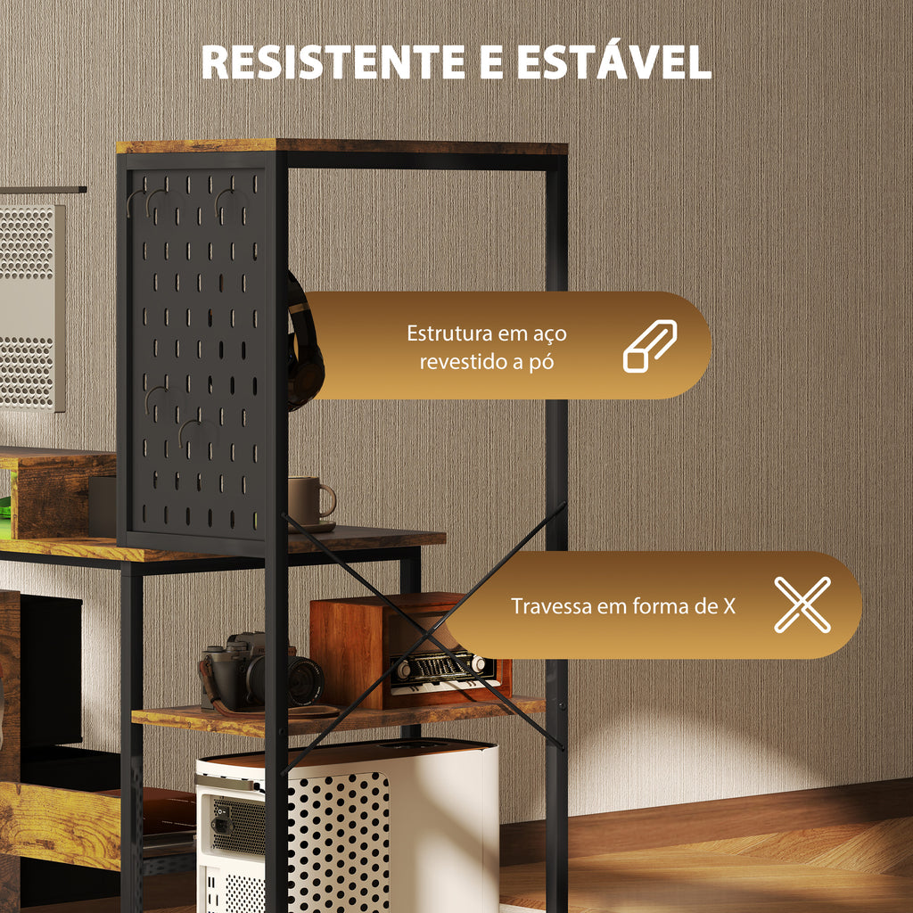 Secretária Estilo Industrial Secretária com Luzes LED Estação de Carga Suporte para Monitor Controlo Remoto e Painel Perfurado para Escritório Estúdio 142x50x126,5 cm Castanho Rústico