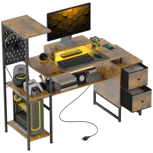 Secretária Estilo Industrial Secretária com Luzes LED Estação de Carga Suporte para Monitor Controlo Remoto e Painel Perfurado para Escritório Estúdio 142x50x126,5 cm Castanho Rústico