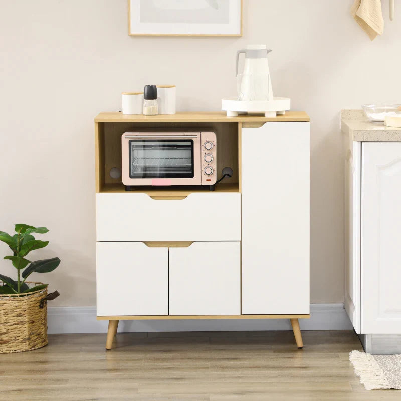 Aparador Auxiliar para Micro-Ondas Armário de Cozinha Moderno com Gaveta 3 Portas e Compartimento Aparador Buffet para Sala de Jantar 90x40x98,5 cm Branco