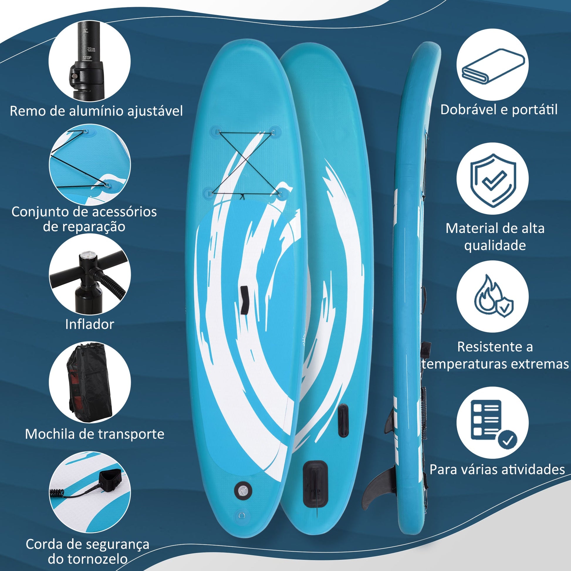 Prancha de Paddle Surf Insuflável 300x76x15cm Prancha de Stand Up Insuflável com Remo Ajustável Barbatanas Superfície Antiderrapante Bomba e Bolsa de Transporte Azul