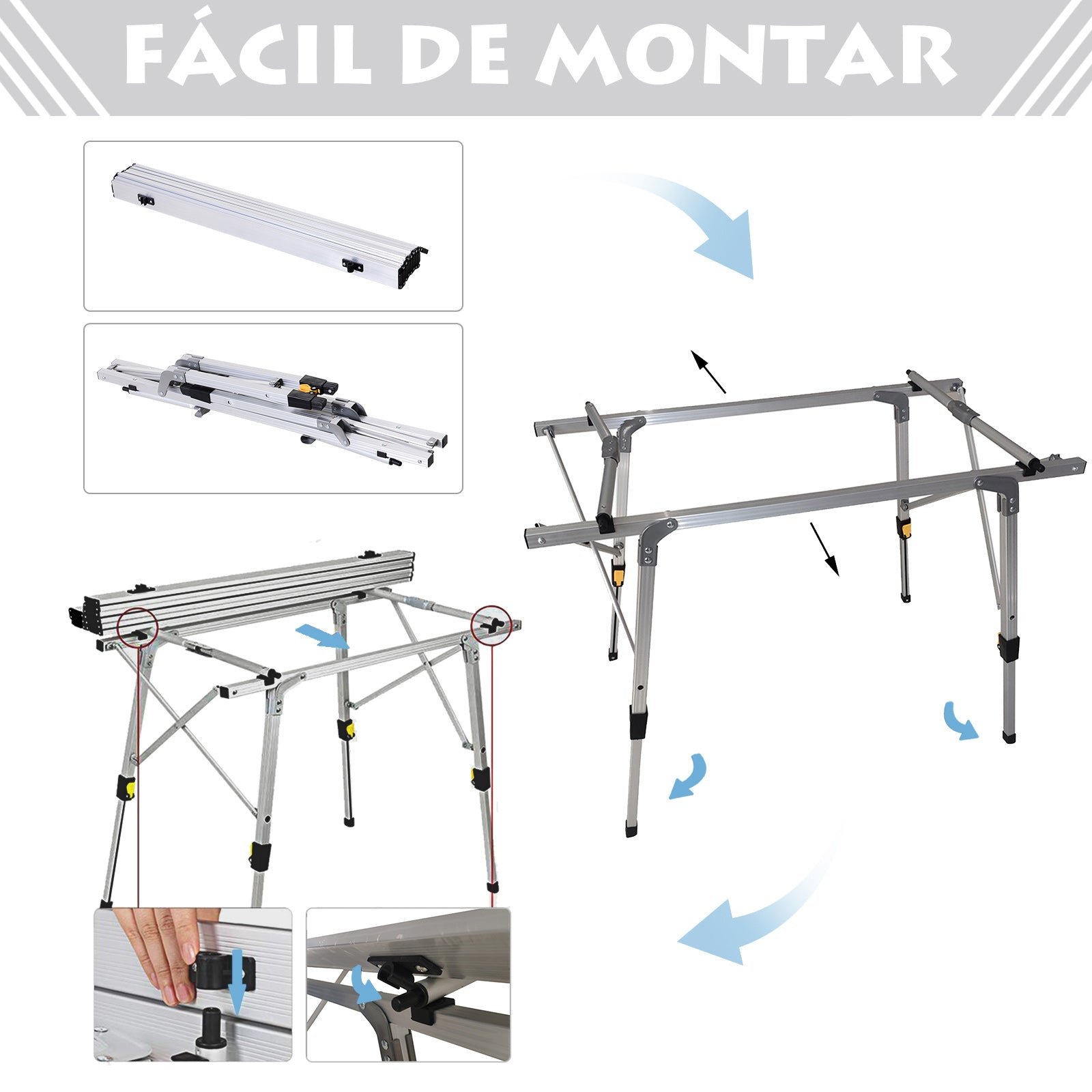 Mesa de piquenique dobrável Mesa de camping de alumínio Altura regulável 90x53x45 / 65 cm Carga 30Kg