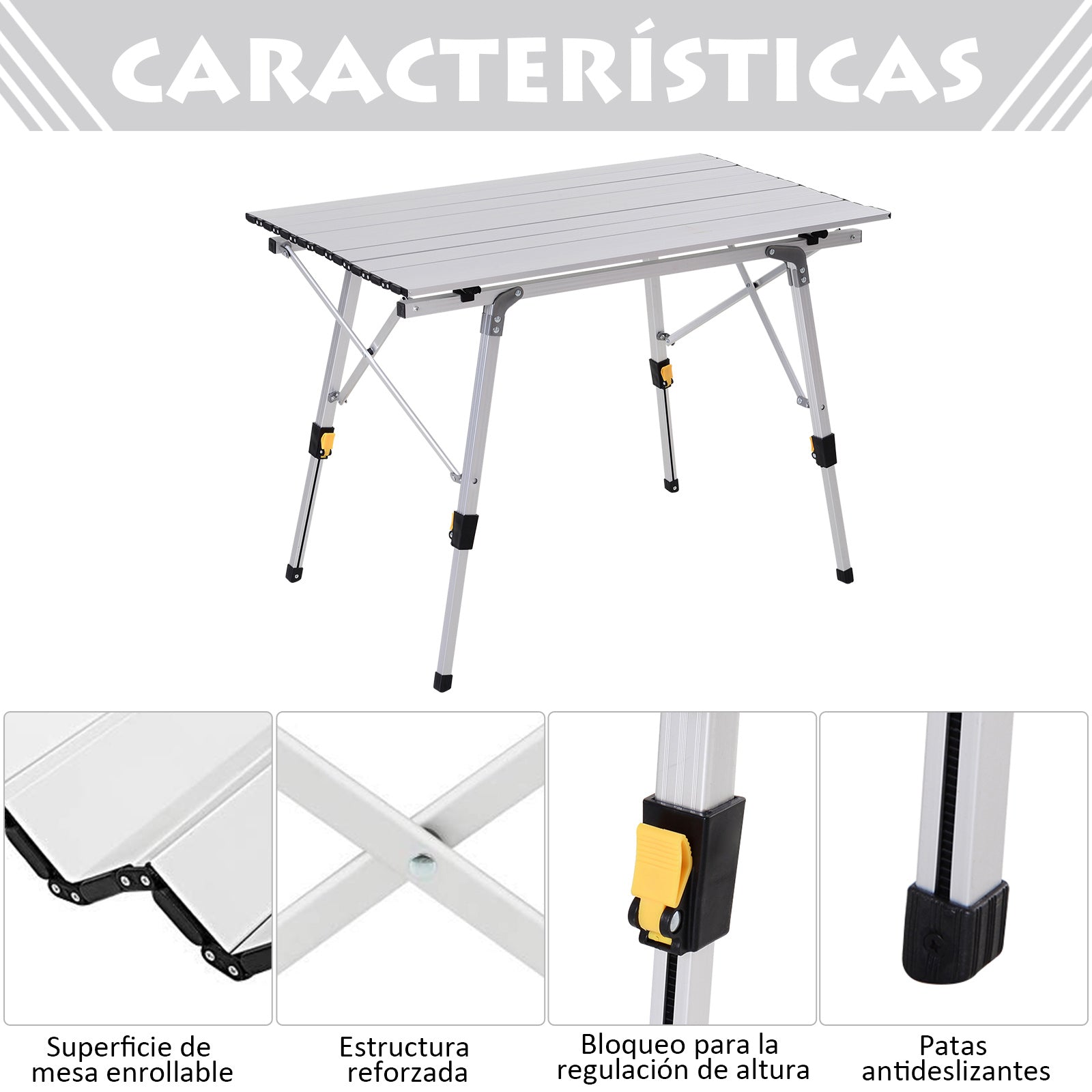 Mesa de piquenique dobrável Mesa de camping de alumínio Altura regulável 90x53x45 / 65 cm Carga 30Kg