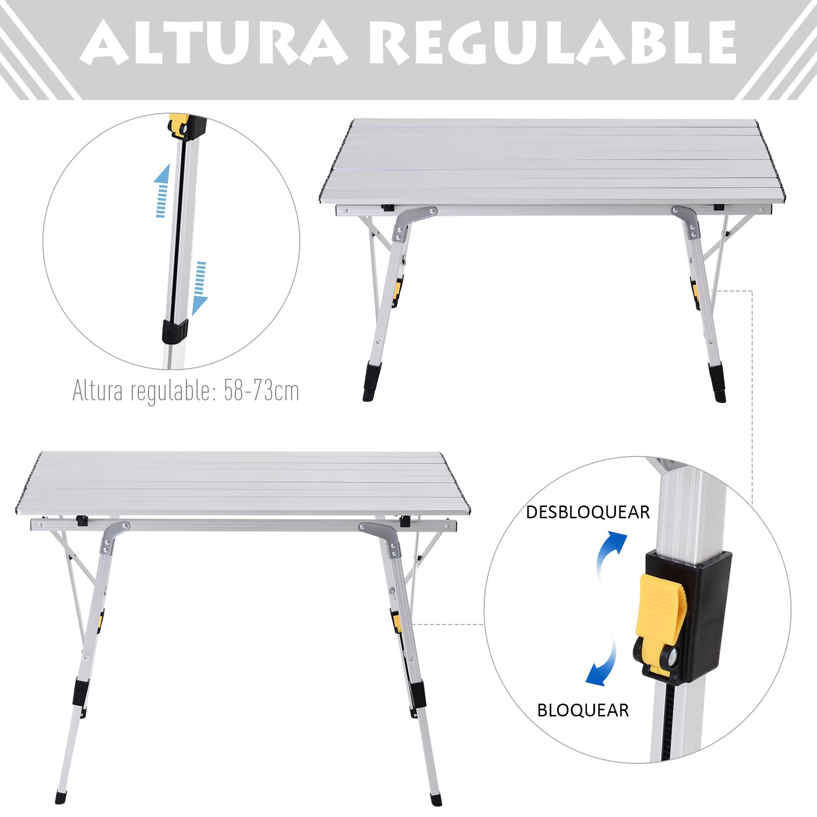 Mesa de piquenique dobrável Mesa de camping de alumínio Altura regulável 90x53x45 / 65 cm Carga 30Kg