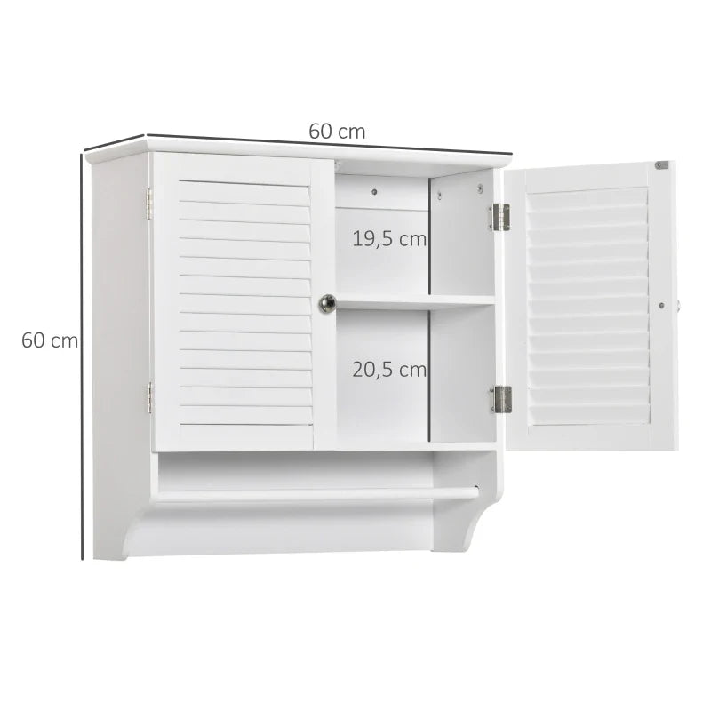 Kleanklin Armário Casa de Banho de Parede com 2 Portas de Persiana Prateleira Interior e Barra para Toalhas Móvel Auxiliar Suspenso Moderno Multiuso para Cozinha 60x23x60cm Branco