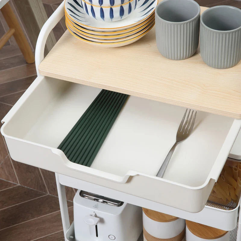 Carrinho de Cozinha com Rodas Carrinho de Armazenamento com Gaveta 2 Prateleiras e Rodas com Freios para Casa de Banho Sala de Estar Dormitório 43,9x30,5x75,6cm Branco e Madeira Natural