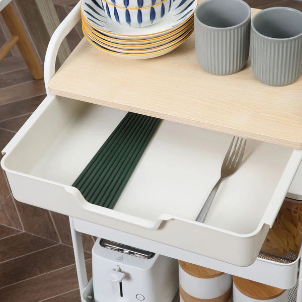 Carrinho de Cozinha com Rodas Carrinho de Armazenamento com Gaveta 2 Prateleiras e Rodas com Freios para Casa de Banho Sala de Estar Dormitório 43,9x30,5x75,6cm Branco e Madeira Natural