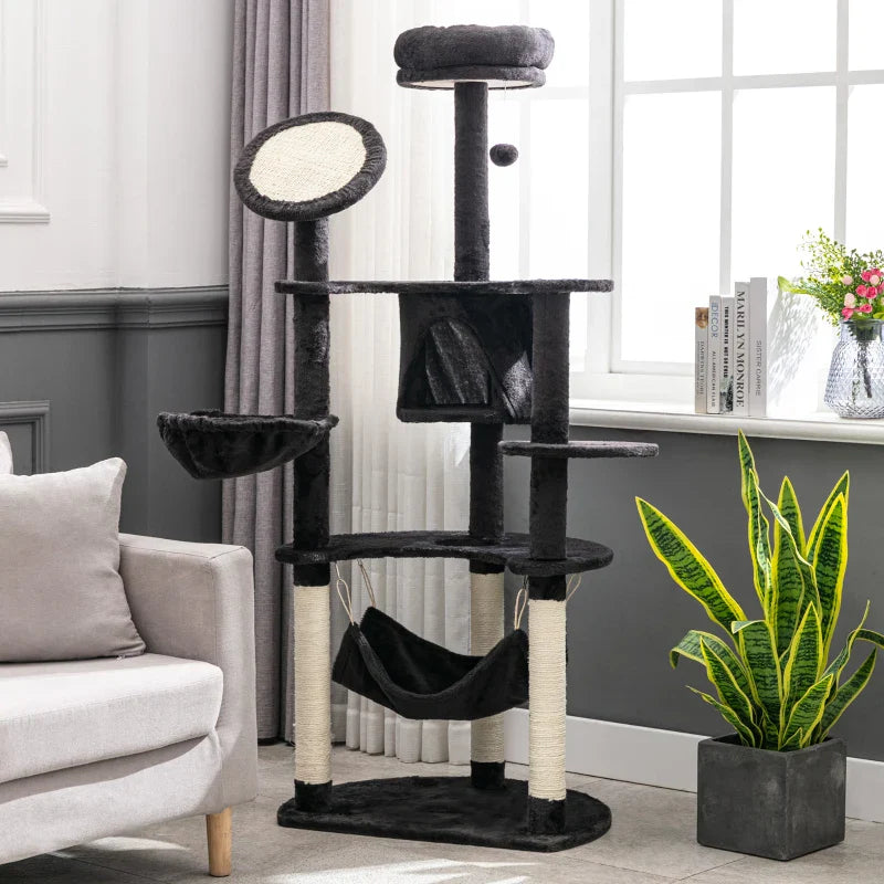 PawHut Árvore Arranhador para Gatos Grande Altura 153cm Torre de Escalada para Gatos com Caverna Redes Plataformas Postes Arranhadores de Sisal e Bola Suspensa Cinza Escuro