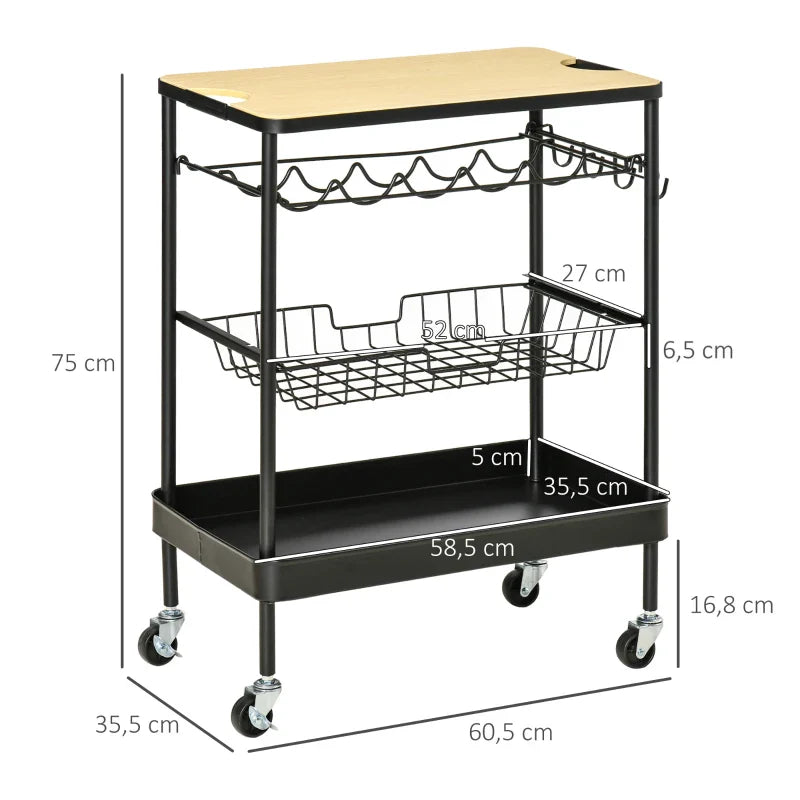 Carrinho de Cozinha com Rodas Carrinho de Cozinha Multiuso com Suporte para Garrafas Cesta Removível e 4 Ganchos para Sala de Jantar Sala de Estar 60,5x35,5x75cm Preto e Carvalho