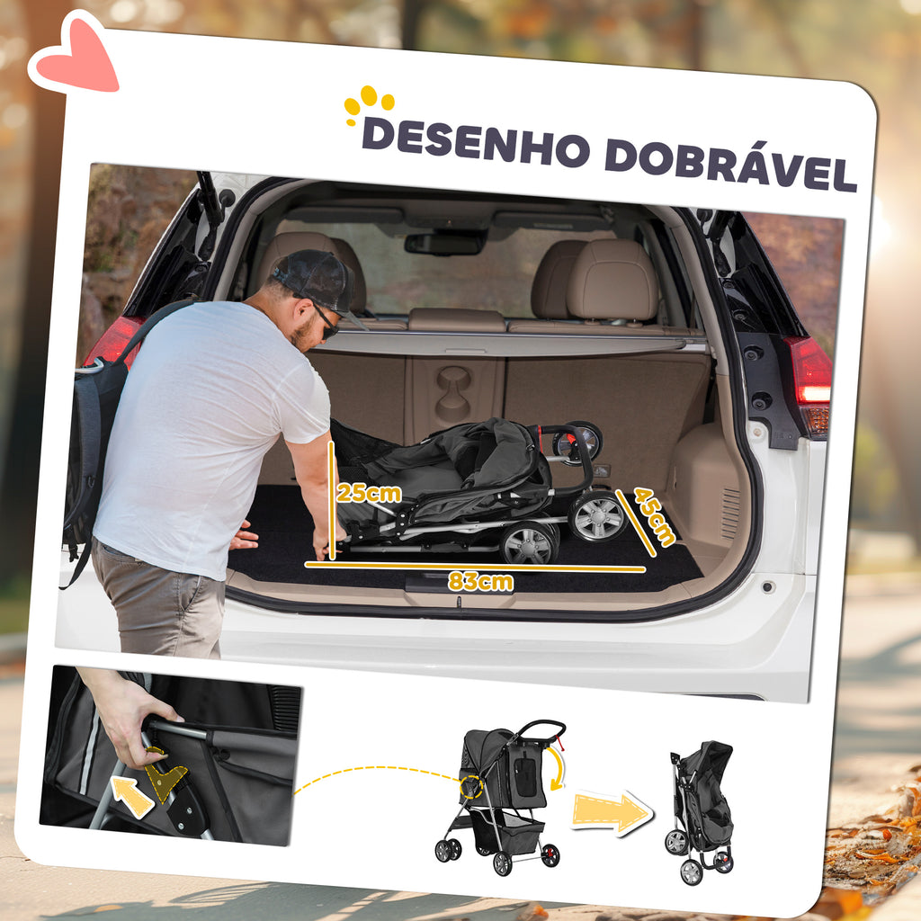 PawHut Carrinho de Passeio para Animais de Estimação Carrinho para Cães e Gatos Dobrável com Capô Ajustável Cesta de Armazenamento Suporte para Copos e Travão 75x45x97 cm Cinza